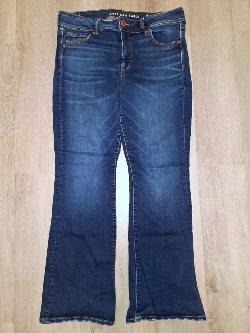 American Eagle Super Stretch Kick Boot Cut Jeans Size 16 Distressed Denim